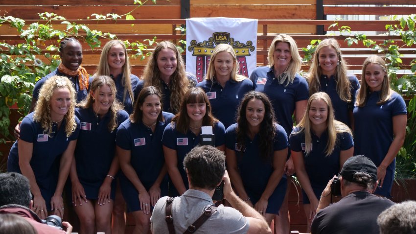 LOS ANGELES, CALIFORNIA – MAY 30: (L-R) Kaleigh Gilchrist, Ashleigh Johnson, Emily Ausmus, Maddie Musselman, Rachel Fattal, Tara Prentice, Jenna Flynn, Jordan Raney, Maggie Steffens, Amanda Longan, Ryann Neushul, Jovana Sekulic and Jewel Roemer pose for photos after USA Water Polo announced the 2024 U.S. Olympic Women’s Water Polo Team roster at Republique on May 30, 2024 in Los Angeles, California. (Photo by Kaelin Mendez/Getty Images)