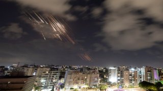 Israel’s Iron Dome anti-missile system intercepts rockets, as seen from Ashkelon, Israel, October 1, 2024