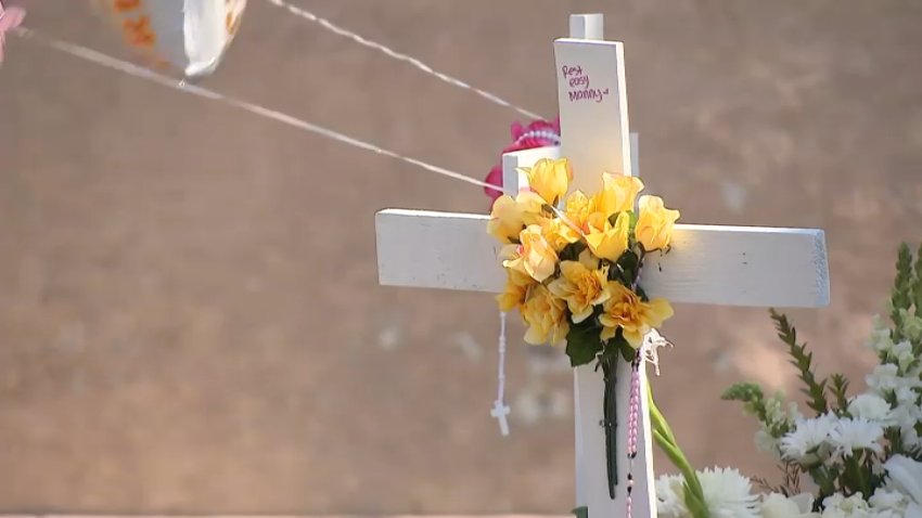 A memorial is seen on Monday, April 7, 2025 honoring the lives of the four people killed in a crash in Santa Ana.