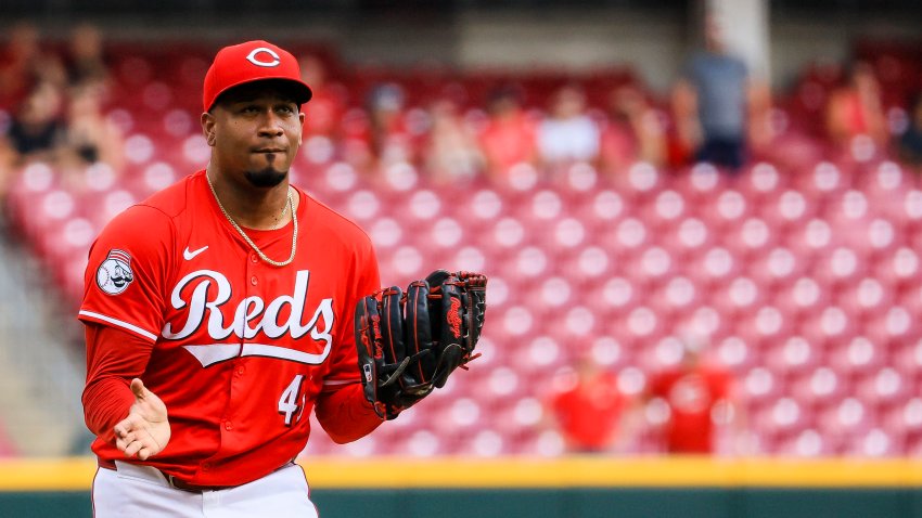 Cincinnati Reds relief pitcher Alexis Diaz (43) reacts after the victory over the Houston Astros at Great American Ball Park.