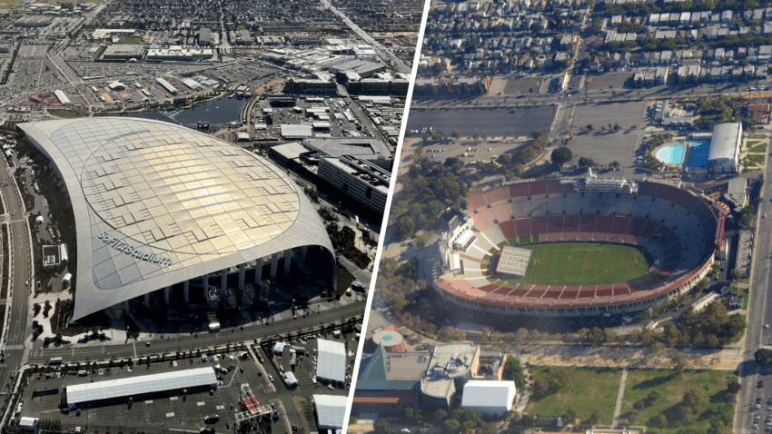 Aerial views of SoFi Stadium (left) in Inglewood and Los Angeles Memorial Coliseum in Exposition Park.