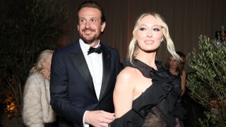 File - Jason Segel and Kayla Radomski at the 82nd Golden Globe Awards, held at the Beverly Hilton Hotel in Los Angeles on Jan. 5, 2025.