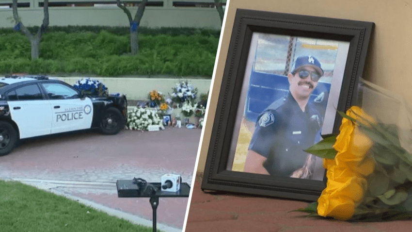Residents and colleagues visited the memorial for Officer Samuel Riveros, which includes a patrol car, flowers, photos, candles and items that reflect his love for the Dodgers.